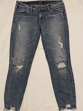 Silver Jeans Women's Distressed Skinny Jeans - Medium Wash Blue
